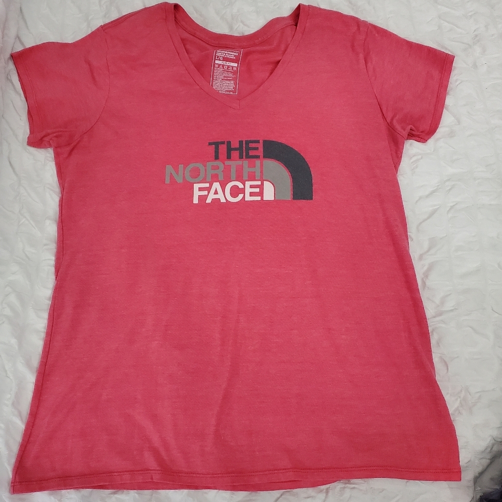 The North Face Coral Pink V-Neck Short Sleeve Logo Tee